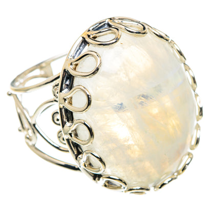 Sterling silver ring with large oval moonstone cabochon and looped halo setting
