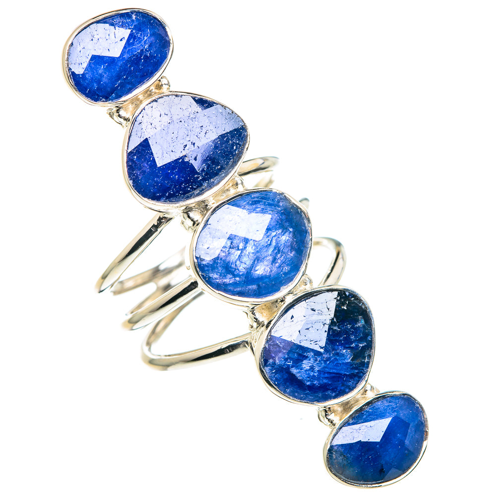 Oval lapis-like sapphire gemstone sterling silver ring with five stacked bands, size 7