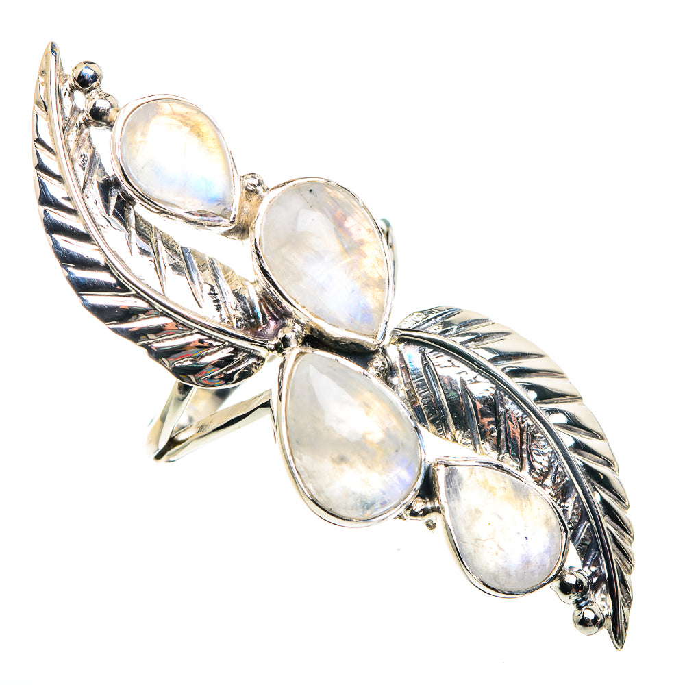 Sterling silver moonstone statement ring with five teardrop opalescent stones