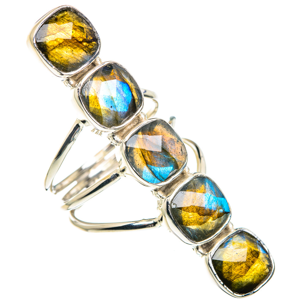 Silver sterling ring with five oval labradorite gemstones in bezel settings