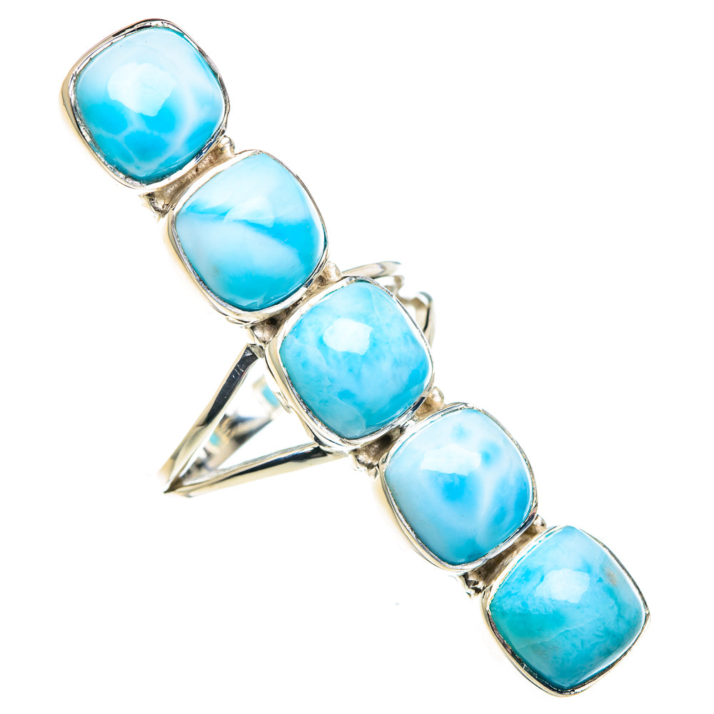 Sterling silver ring with five oval larimar stones in blue bezel settings