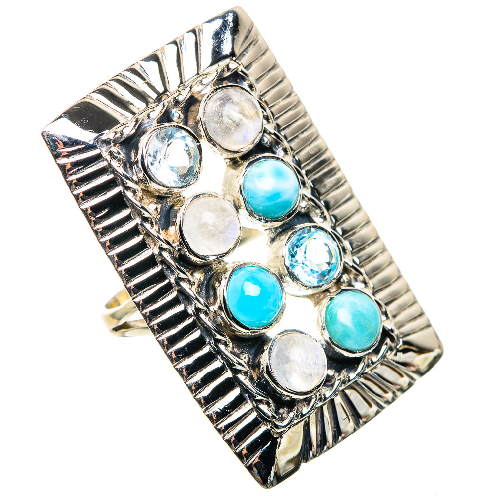 Sterling silver square ring with blue and white oval gemstones and ribbed border