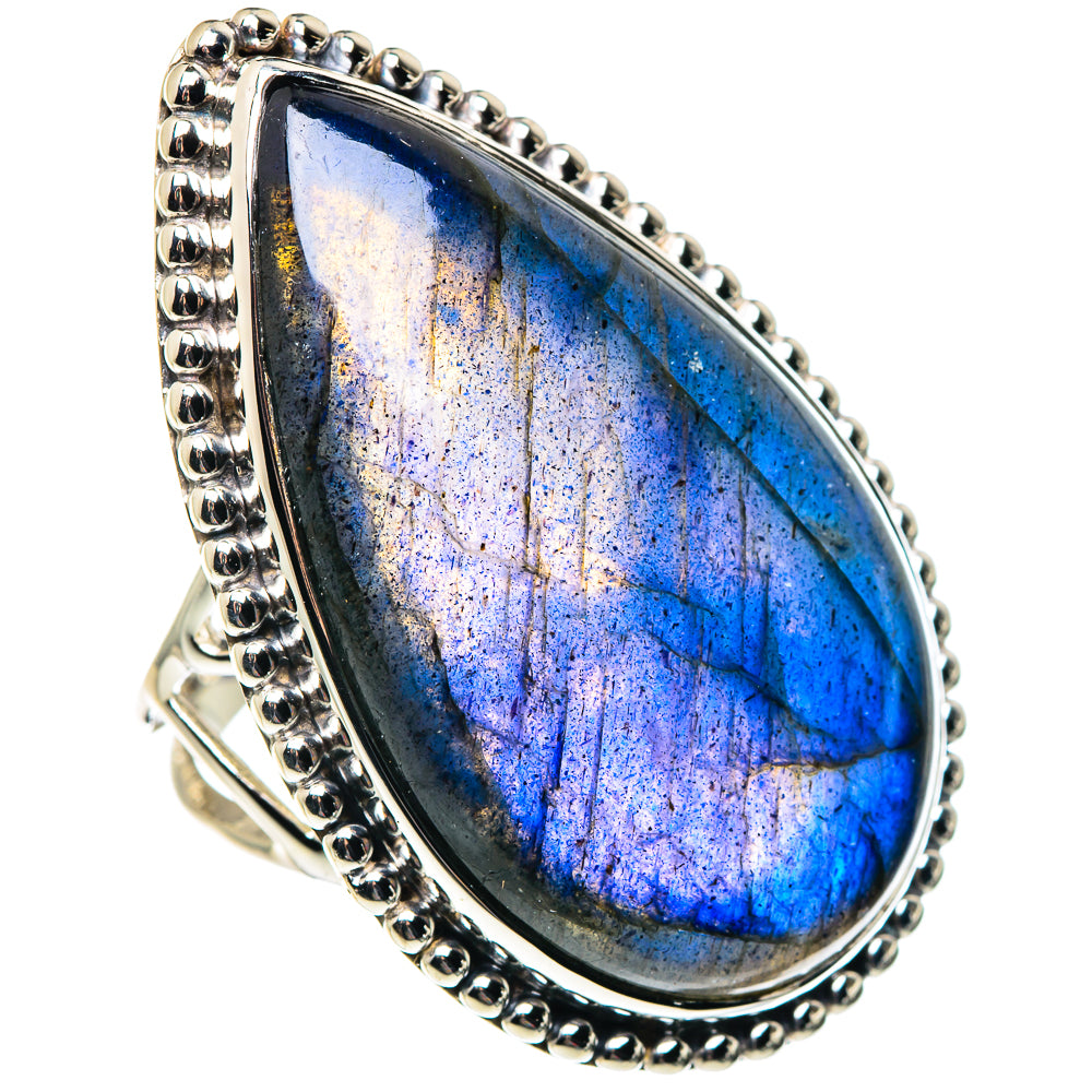 Sterling silver labradorite marquise ring with beaded edge, blue flash gemstone
