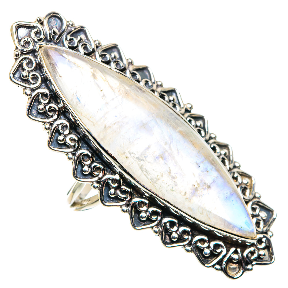 Moonstone marquise sterling silver ring with ornate filigree frame, iridescent face