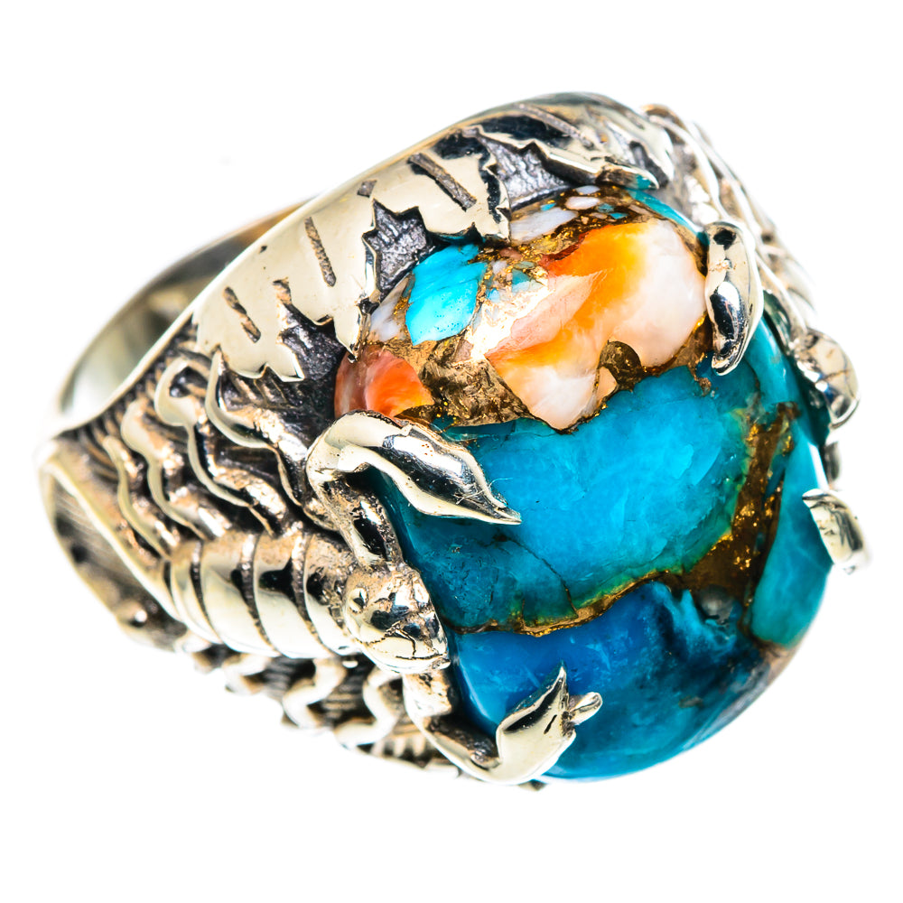 Sterling silver spiny oyster ring with turquoise oval and orange inlay, size 6.5