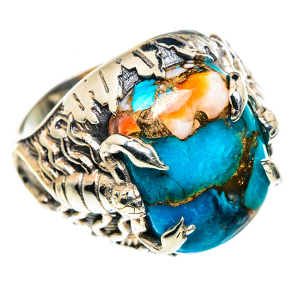 Sterling silver spiny oyster ring with turquoise oval and orange inlay, size 6.5