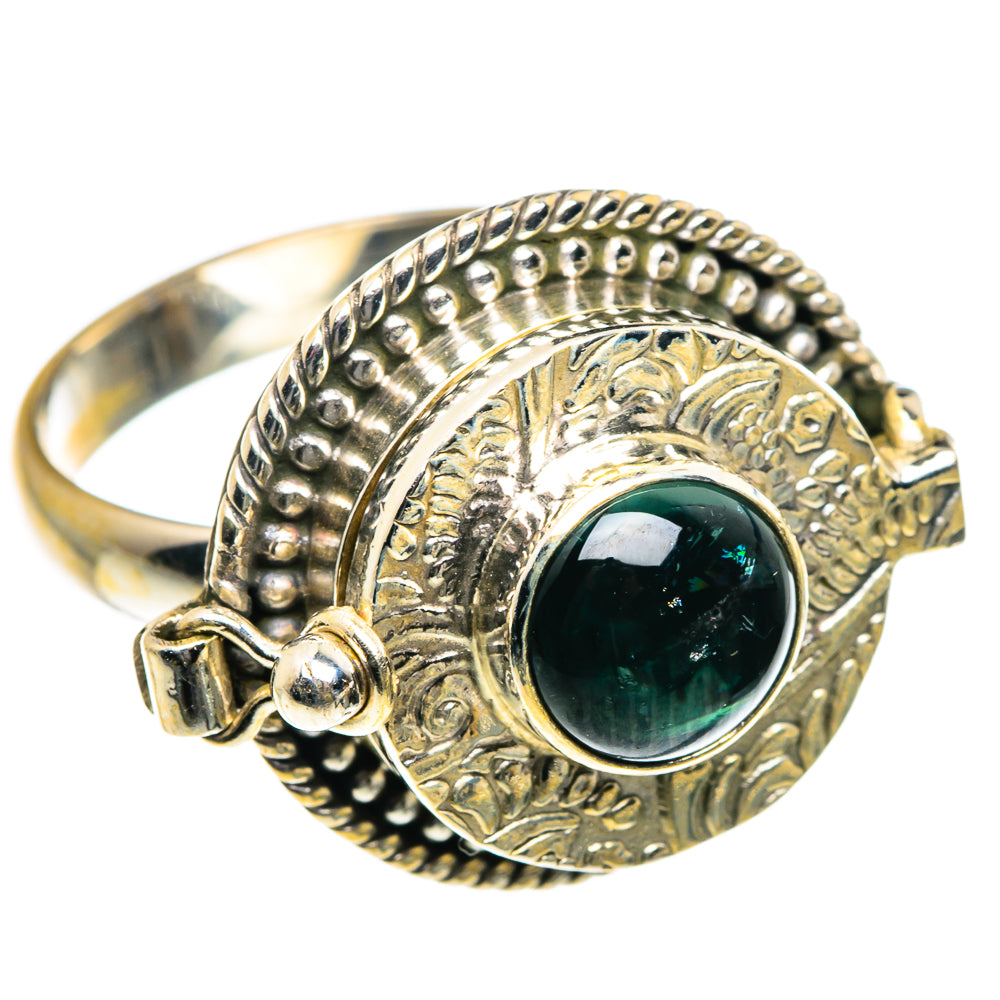 Large green tourmaline poison ring in 925 sterling silver, round bezel, ornate border