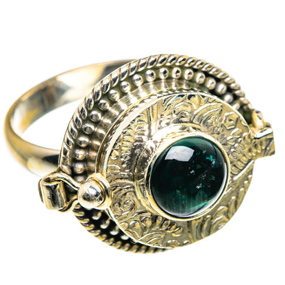 Large green tourmaline poison ring in 925 sterling silver, round bezel, ornate border