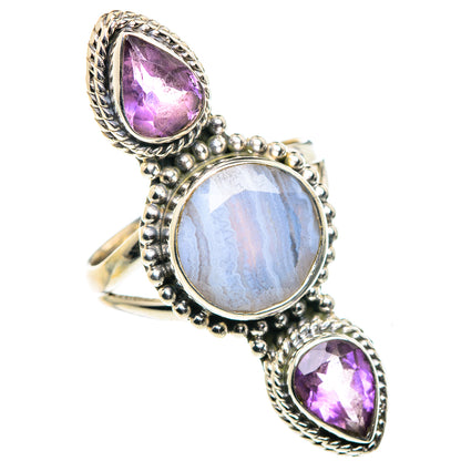 Sterling silver ring with blue lace agate center and oval purple amethyst accents