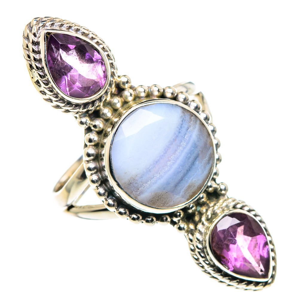 Sterling silver ring with oval blue lace agate and two purple amethyst teardrop stones
