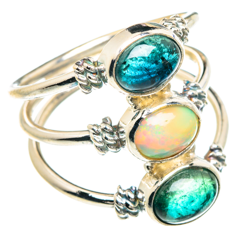 925 sterling silver triple oval gemstone ring, teal blue and opal center, size 8.25