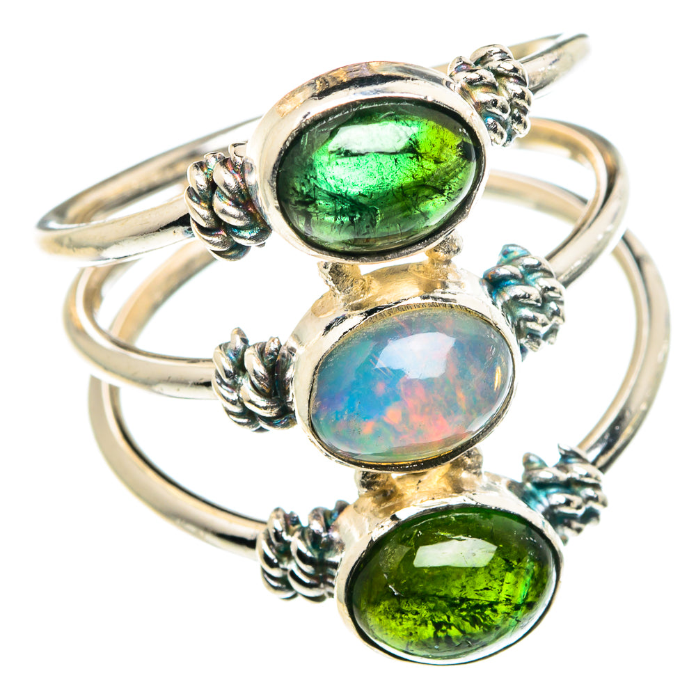 Sterling silver 3-stone oval ring with green stones and opal-like center