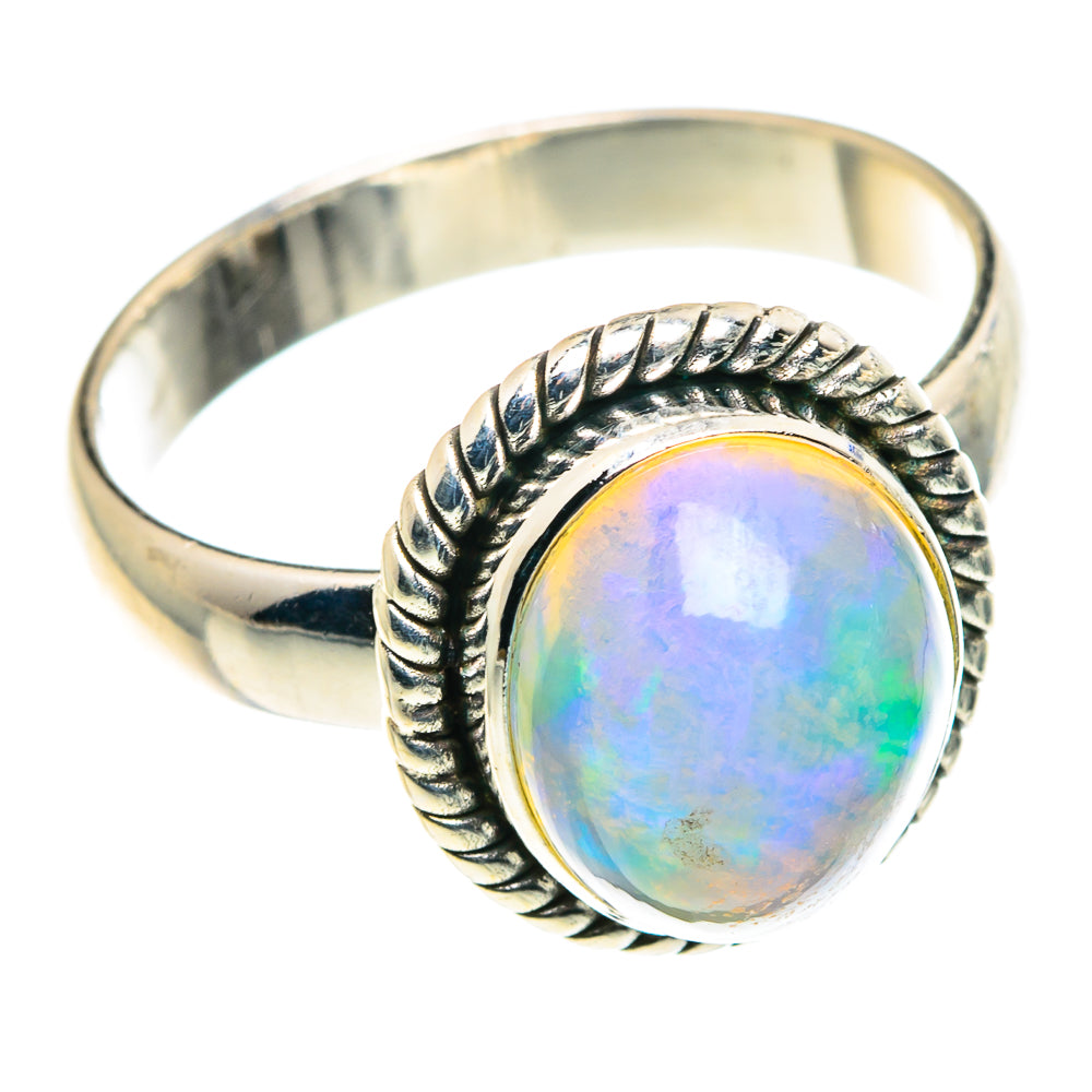 Round iridescent opal ring with braided bezel and 925 sterling silver band