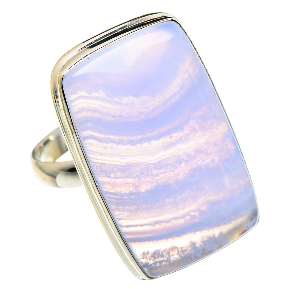 Blue lace agate statement ring with silver-toned bezel, rectangular stone