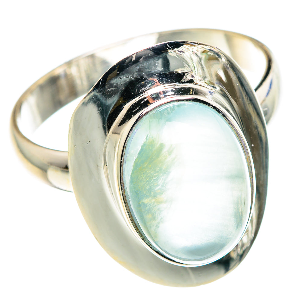 Aquamarine oval cabochon sterling silver ring with bezel, size 10.75
