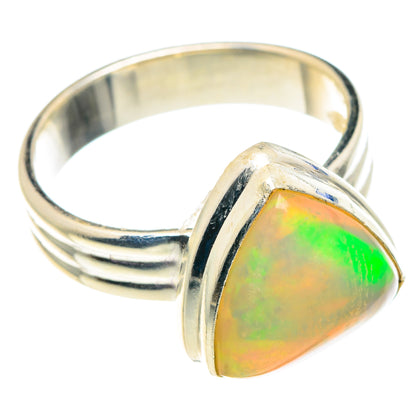 Sterling silver opal ring, polished band with triangular cabochon in rainbow hues
