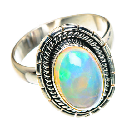 925 sterling silver oval opal ring, iridescent Ethiopian opal center with ornate bezel