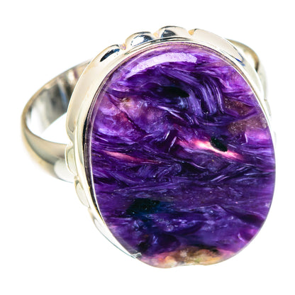 Oval purple charoite cabochon ring with 925 sterling silver bezel, size 11