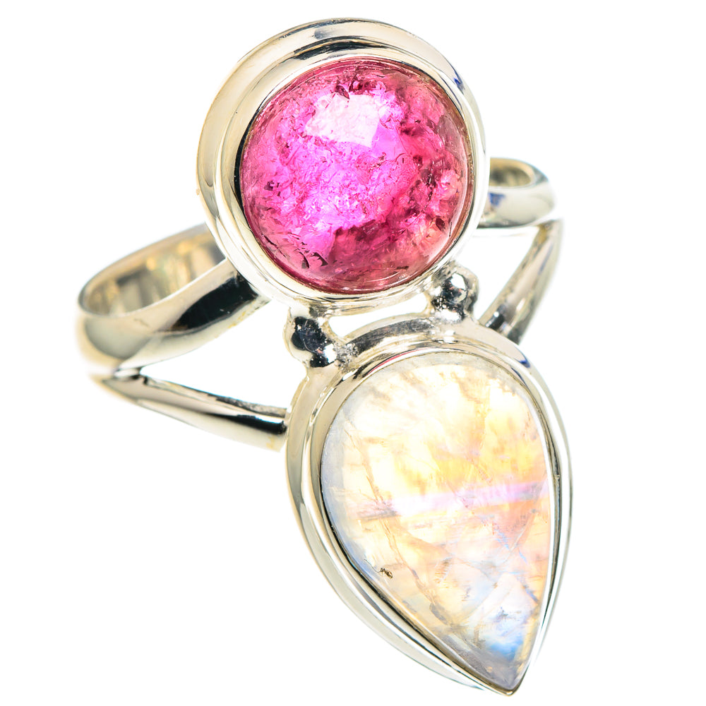 Sterling silver ring with pink round stone and opalescent teardrop moonstone, size 7