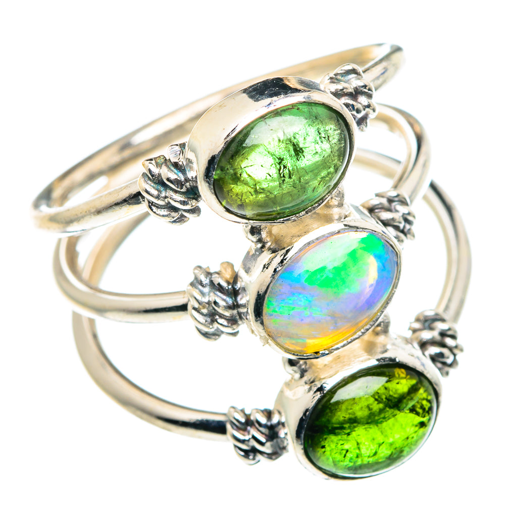 Sterling silver triple-stone ring with green oval gemstones and iridescent opal accents