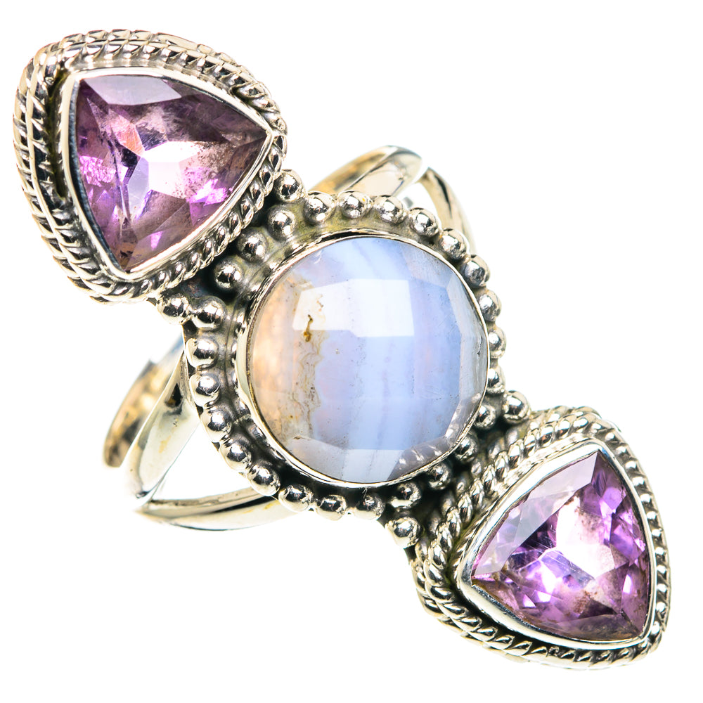 Sterling silver ring, oval blue agate with purple amethyst bezel and beaded shoulders