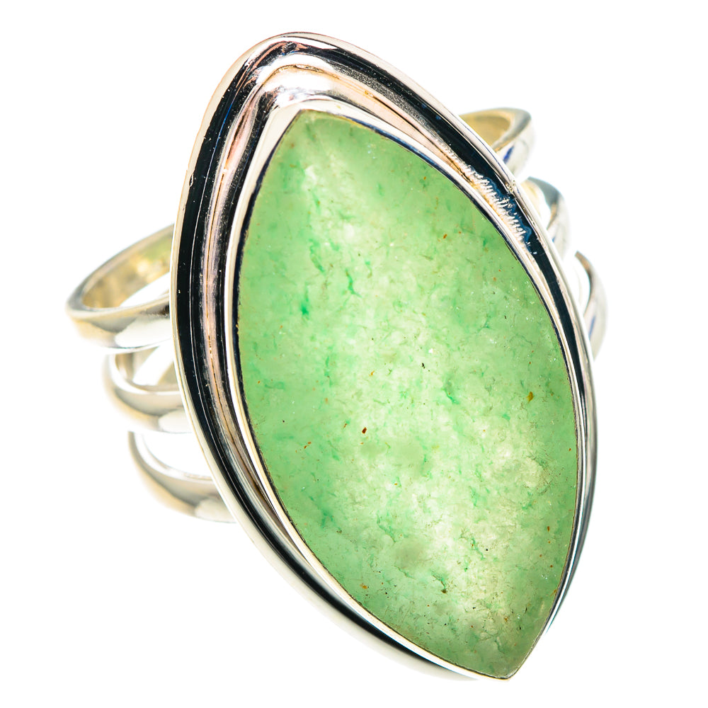 Prehnite oval ring in polished 925 sterling silver, split band with green gemstone