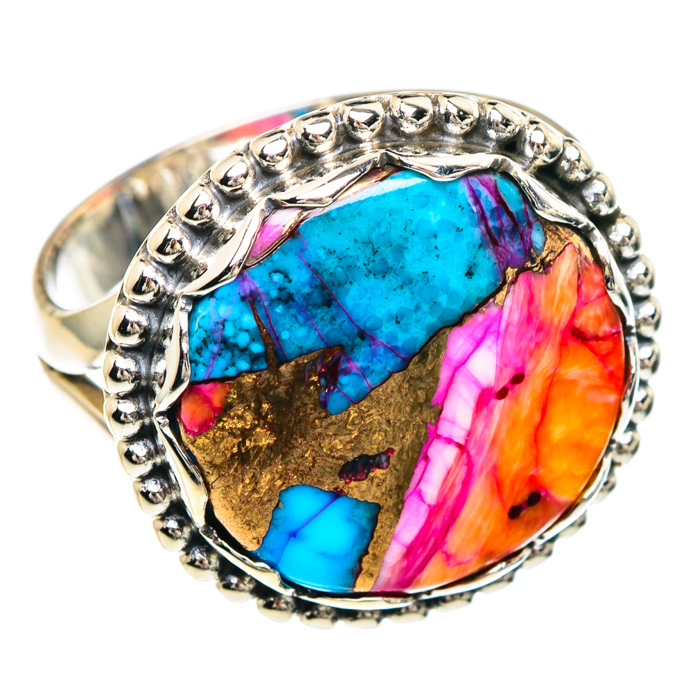 Silver-tone oval cabochon ring with bright blue, pink, orange and gold matrix stone