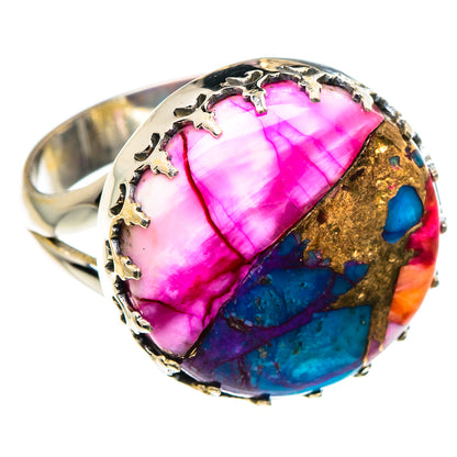 925 sterling silver ring with round multicolor cabochon, pink, blue, purple inlay