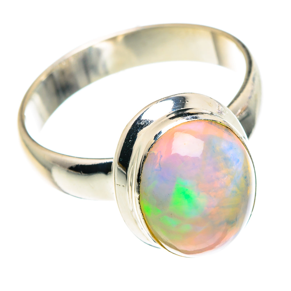 Silver opal ring with round cabochon, iridescent pastel green and pink