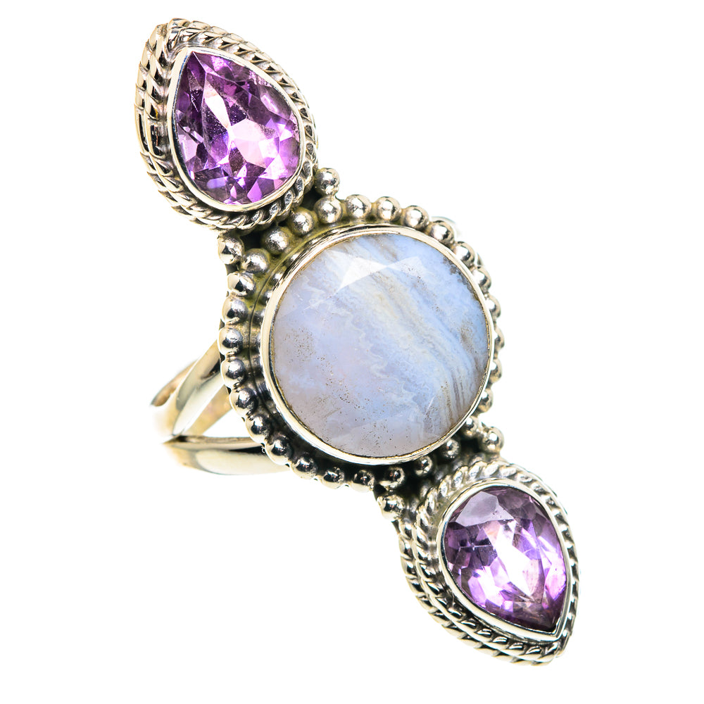 Silver-tone ring featuring oval amethyst stones with round light-blue lace agate center