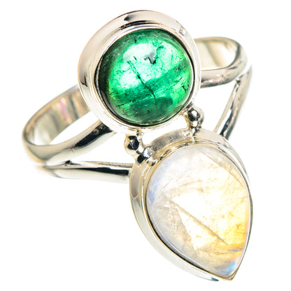 Rainbow Moonstone, Green Tourmaline Rings handcrafted by Ana Silver Co - RING90322