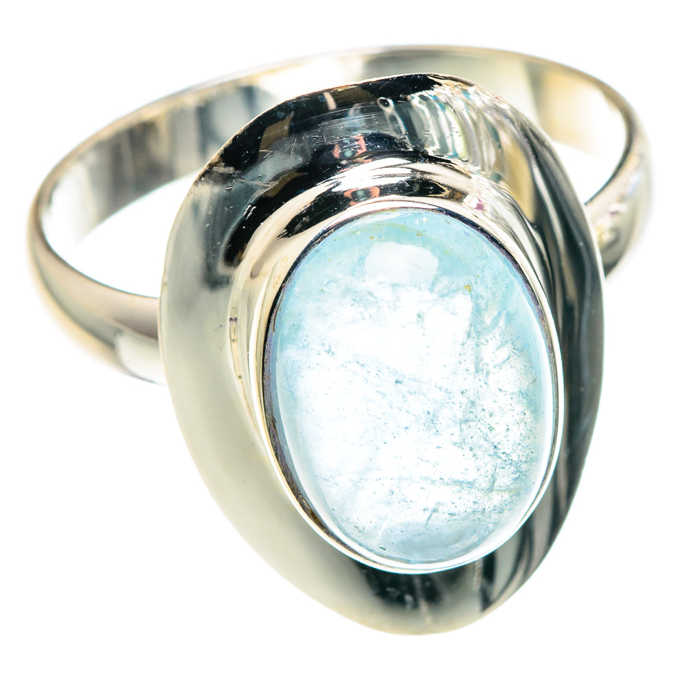 Sterling silver ring with oval light-blue aquamarine cabochon and dark bezel, size 12