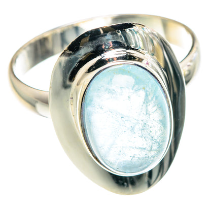 Sterling silver ring with oval light-blue aquamarine cabochon and dark bezel, size 12