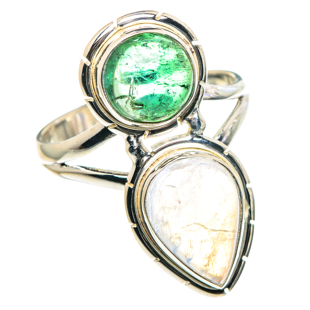 Rainbow Moonstone, Green Tourmaline Rings handcrafted by Ana Silver Co - RING90411
