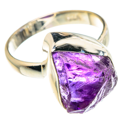 Sterling silver ring featuring a rough faceted purple amethyst set in a bezel.