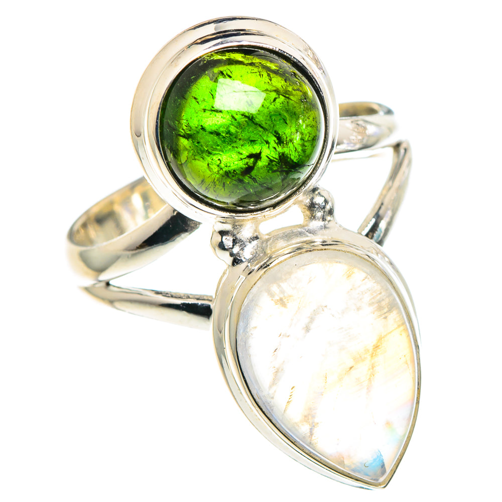 Rainbow Moonstone, Green Tourmaline Rings handcrafted by Ana Silver Co - RING90509