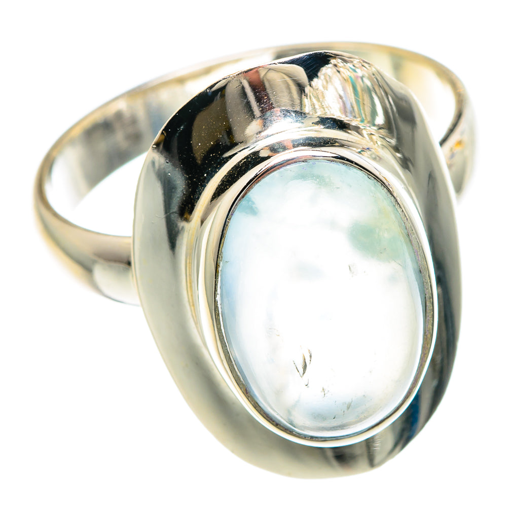 Oval natural aquamarine cabochon in polished 925 sterling silver ring, front view