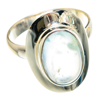 Oval natural aquamarine cabochon in polished 925 sterling silver ring, front view