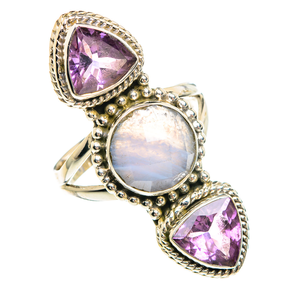 Ornate sterling silver ring with round blue lace agate and two purple amethyst side stones