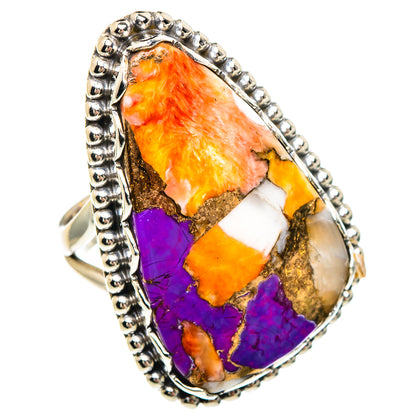 Oval multi-color mosaic ring with purple and orange stone, silver beaded setting