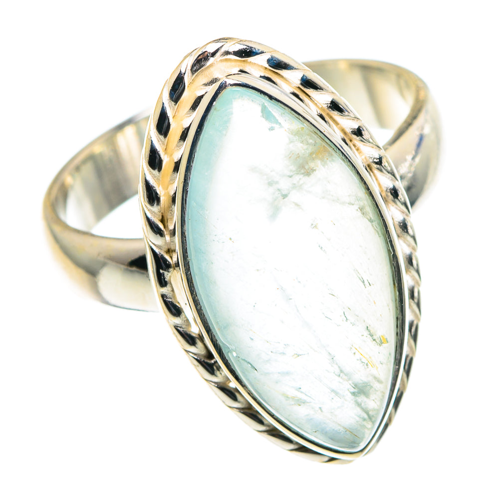 Oval aquamarine cabochon ring in 925 sterling silver, ornate twisted bezel