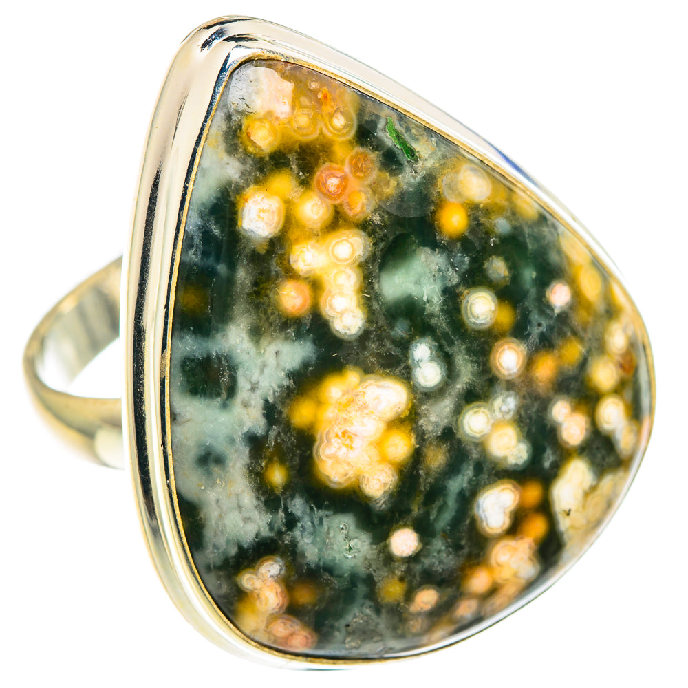 Ocean jasper cabochon sterling silver ring with wide band, teardrop stone in green/yellow speckles