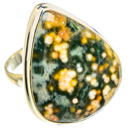 Ocean jasper cabochon sterling silver ring with wide band, teardrop stone in green/yellow speckles