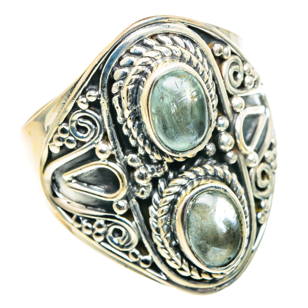 925 sterling silver ring with two oval aquamarine cabochons and ornate filigree bezel