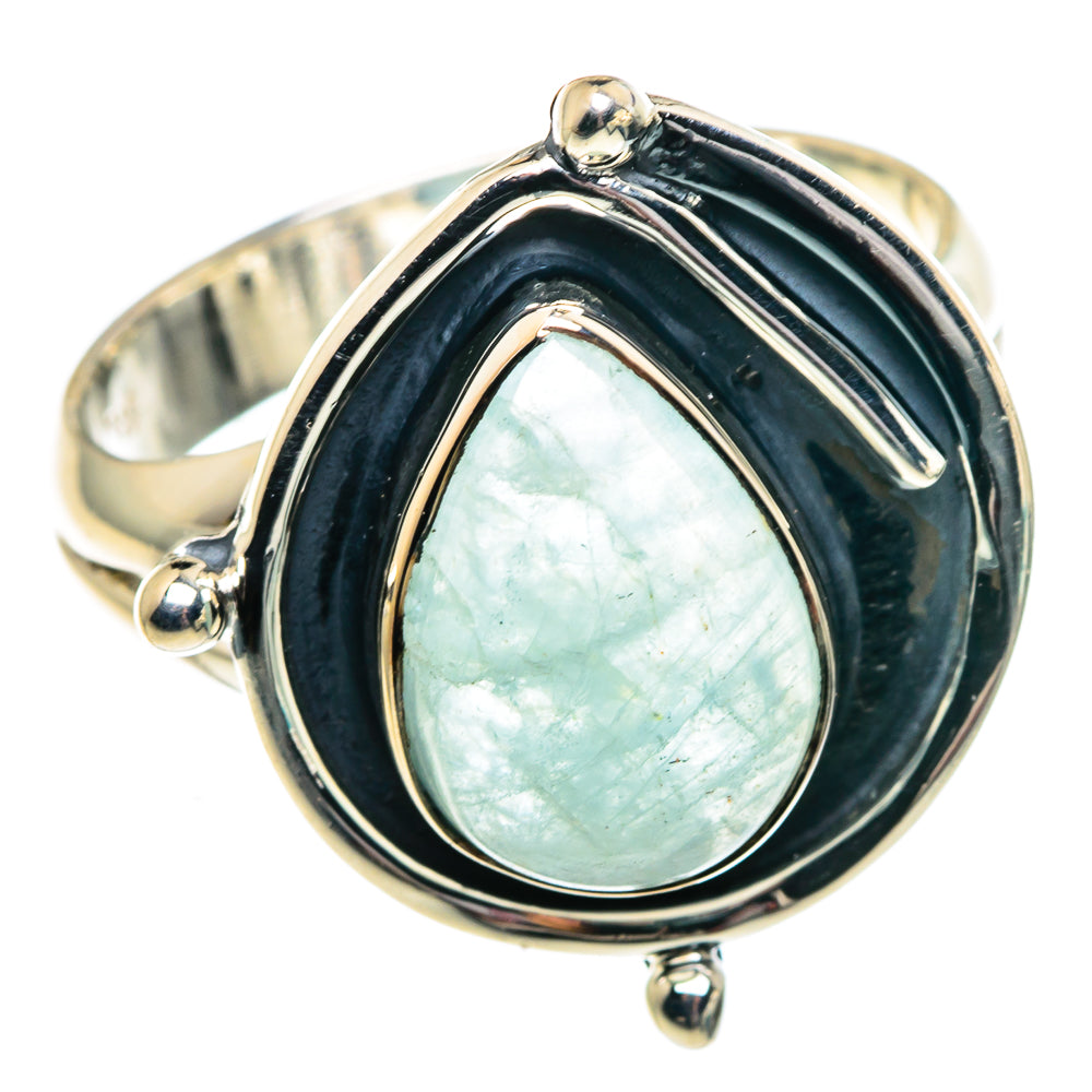 Teardrop aquamarine cabochon sterling silver ring with dark bezel and open band