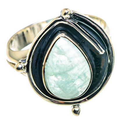 Teardrop aquamarine cabochon sterling silver ring with dark bezel and open band