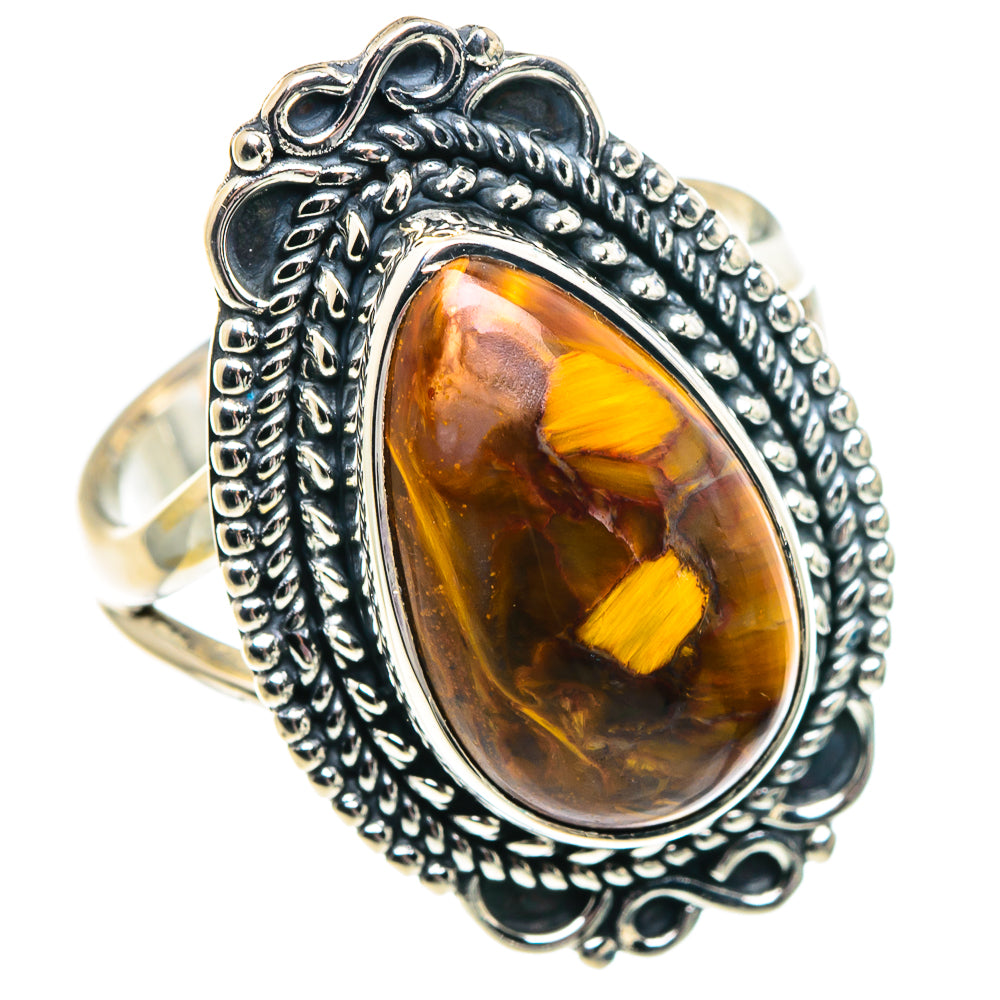 Sterling silver ring with oval golden-brown pietersite, ornate rope and scallop bezel