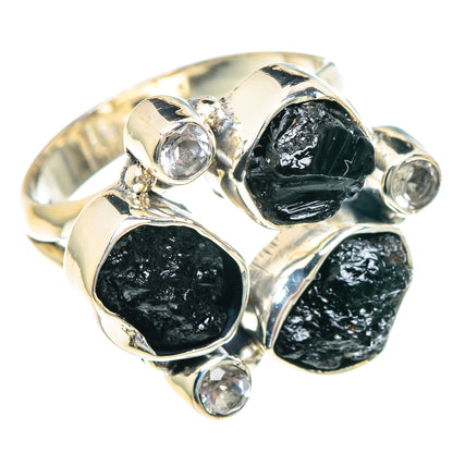 Rough black tourmaline and clear quartz ring in sterling silver, three stone set