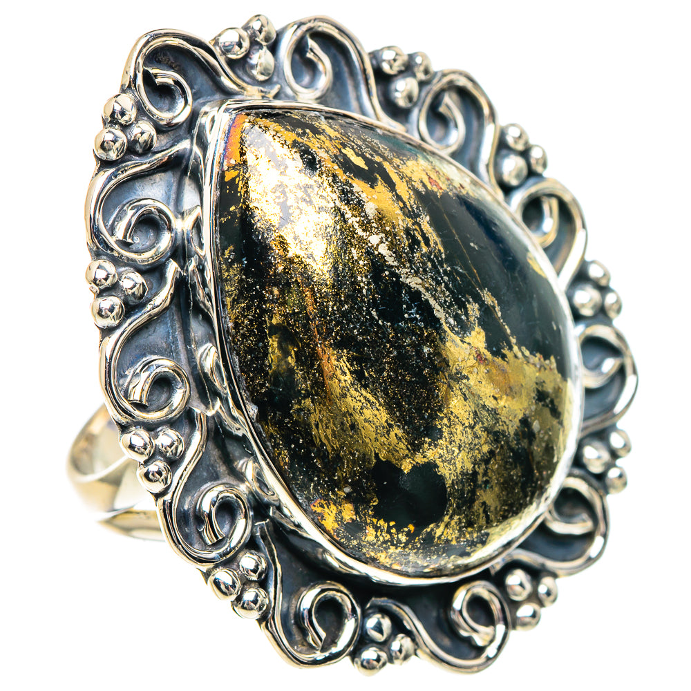 Side view oval black gemstone ring with gold flecks, ornate sterling silver bezel, size 7.5