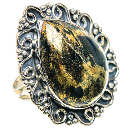 Side view oval black gemstone ring with gold flecks, ornate sterling silver bezel, size 7.5